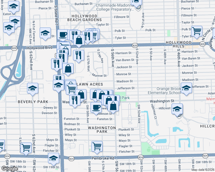 map of restaurants, bars, coffee shops, grocery stores, and more near 5625 Madison Street in Hollywood