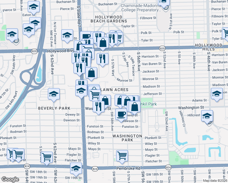map of restaurants, bars, coffee shops, grocery stores, and more near 5745 Madison Street in Hollywood