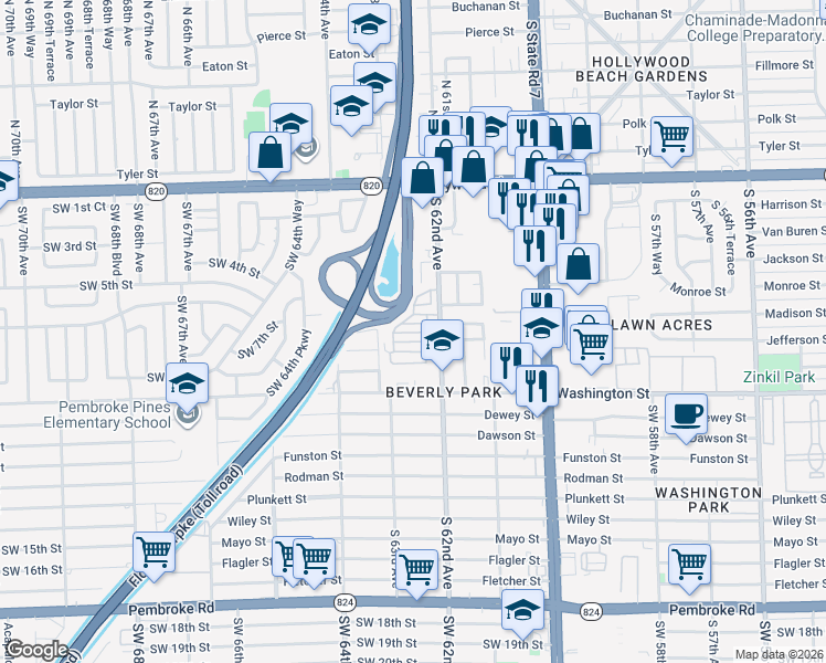 map of restaurants, bars, coffee shops, grocery stores, and more near 12 Main Street in Hollywood