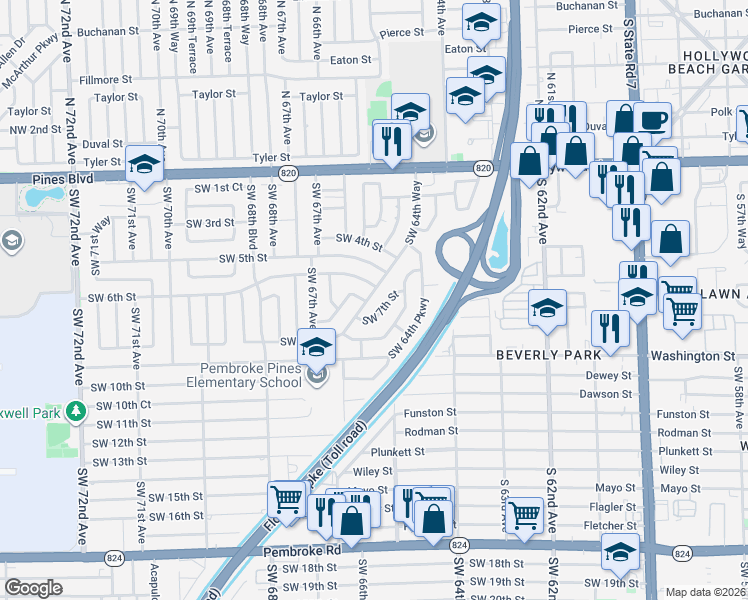 map of restaurants, bars, coffee shops, grocery stores, and more near 521 Southwest 64th Way in Pembroke Pines