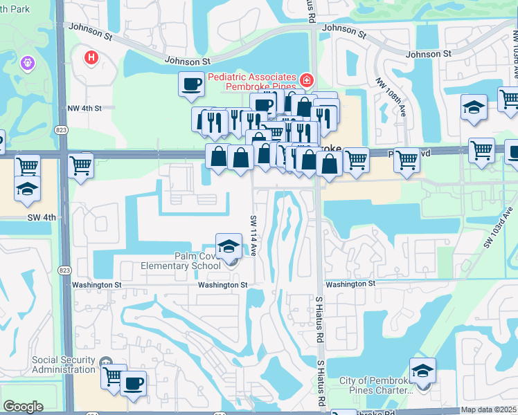 map of restaurants, bars, coffee shops, grocery stores, and more near 11366 Southwest 2nd Court in Pembroke Pines