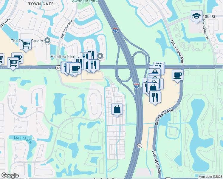 map of restaurants, bars, coffee shops, grocery stores, and more near 300 Southwest 147th Avenue in Pembroke Pines