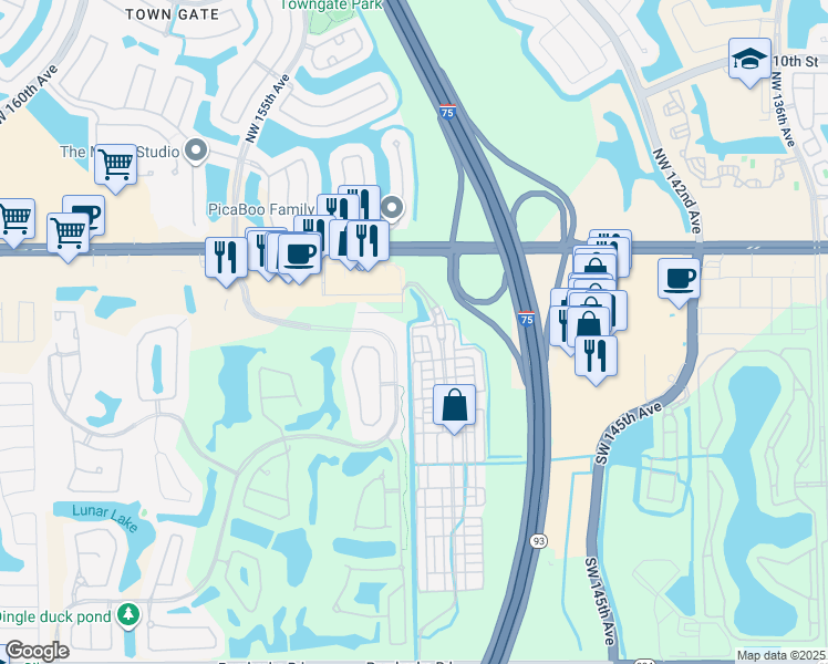 map of restaurants, bars, coffee shops, grocery stores, and more near 14742 Southwest 4th Street in Pembroke Pines