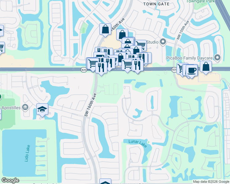 map of restaurants, bars, coffee shops, grocery stores, and more near 16000 Pines Boulevard in Pembroke Pines