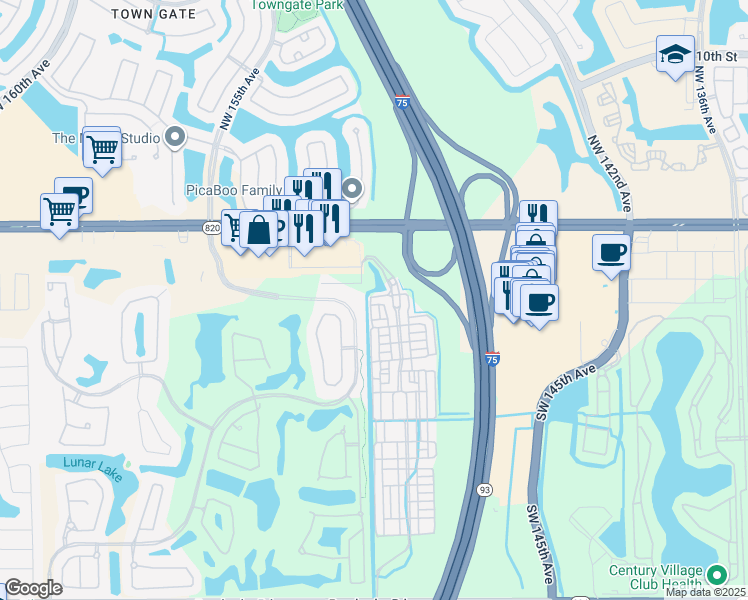 map of restaurants, bars, coffee shops, grocery stores, and more near 14742 Southwest 4th Street in Pembroke Pines