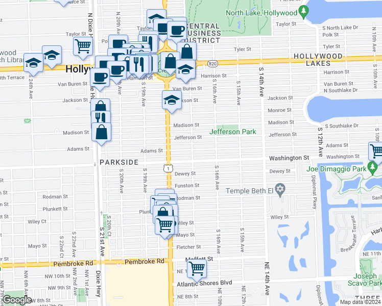 map of restaurants, bars, coffee shops, grocery stores, and more near 804 South 17th Avenue in Hollywood