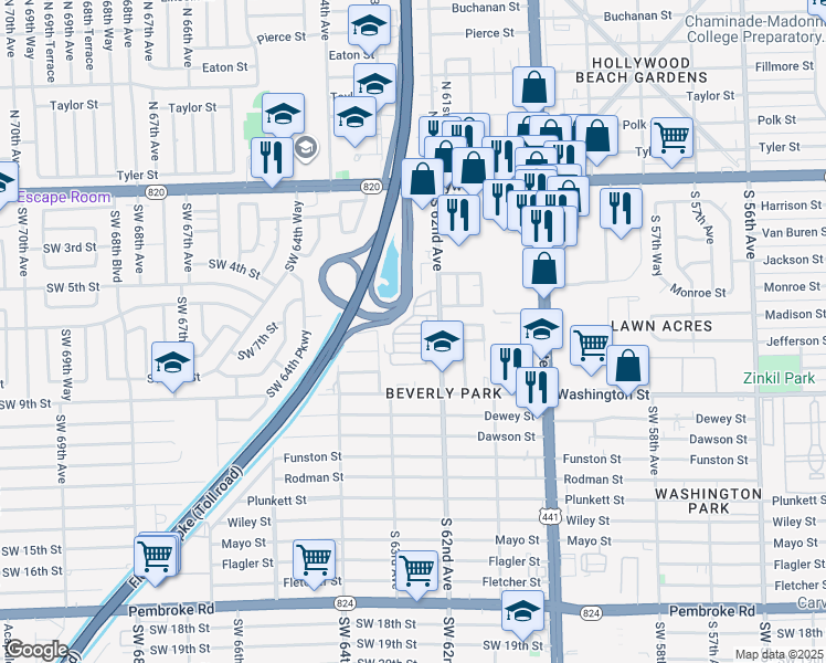 map of restaurants, bars, coffee shops, grocery stores, and more near 12 Main Street in Hollywood