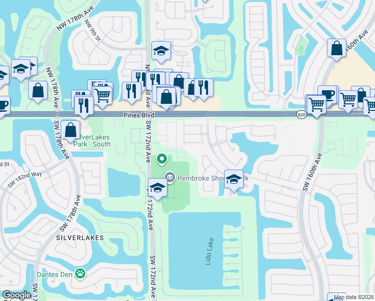 map of restaurants, bars, coffee shops, grocery stores, and more near 16869 Southwest 1st Manor in Pembroke Pines