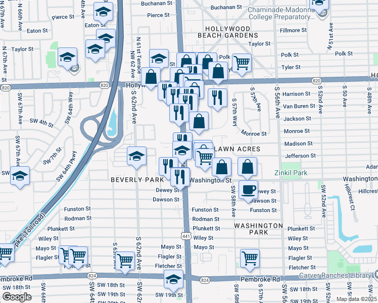 map of restaurants, bars, coffee shops, grocery stores, and more near 425 Florida 7 in Hollywood