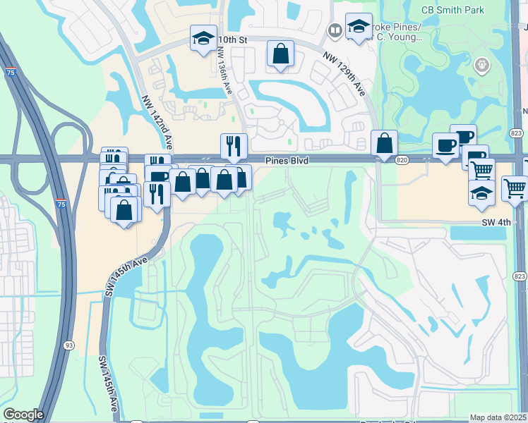 map of restaurants, bars, coffee shops, grocery stores, and more near in Pembroke Pines
