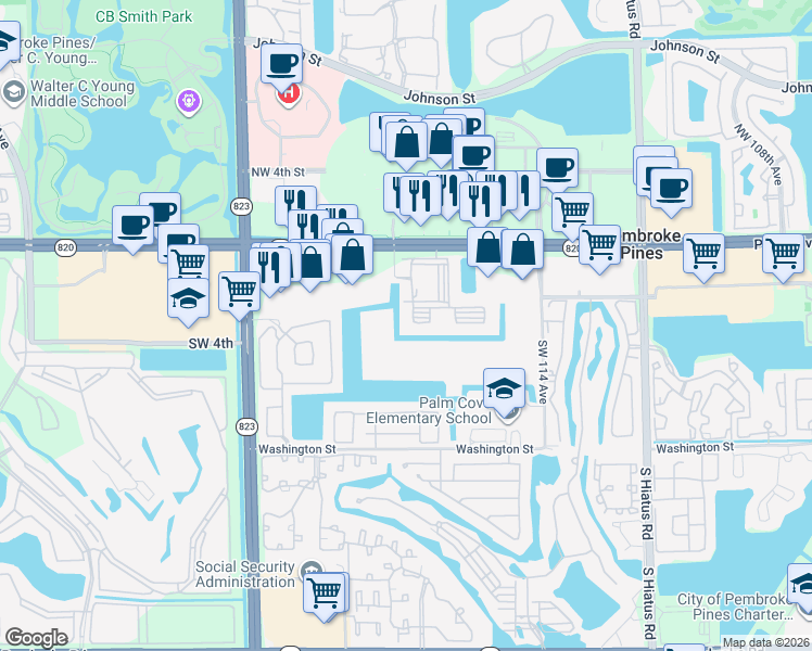 map of restaurants, bars, coffee shops, grocery stores, and more near 200 Southwest 117th Terrace in Pembroke Pines