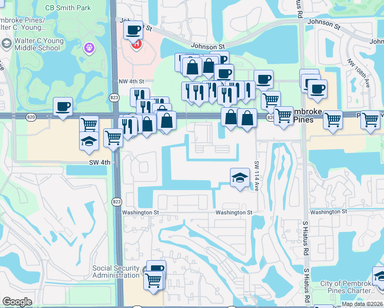 map of restaurants, bars, coffee shops, grocery stores, and more near 200 Southwest 117th Terrace in Pembroke Pines