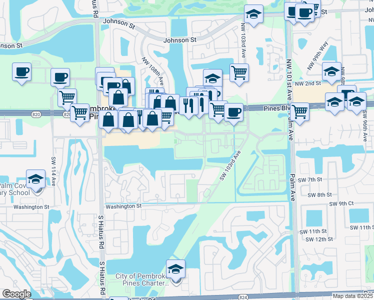 map of restaurants, bars, coffee shops, grocery stores, and more near 10700 Southwest City Center boulevard in Pembroke Pines