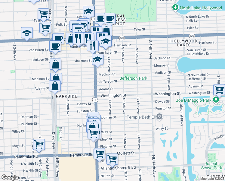 map of restaurants, bars, coffee shops, grocery stores, and more near 1651 Adams Street in Hollywood