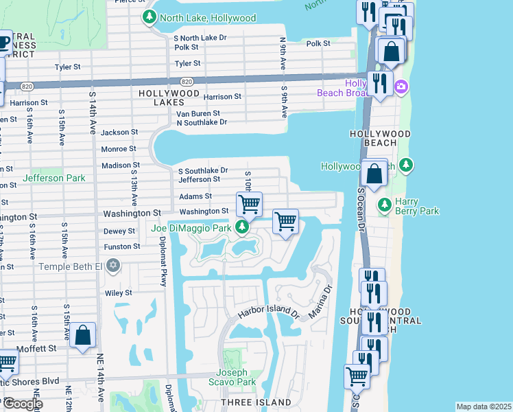 map of restaurants, bars, coffee shops, grocery stores, and more near 1000 Adams Street in Hollywood