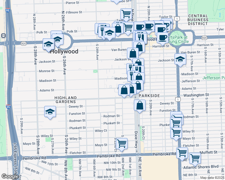 map of restaurants, bars, coffee shops, grocery stores, and more near 2243 Adams Street in Hollywood