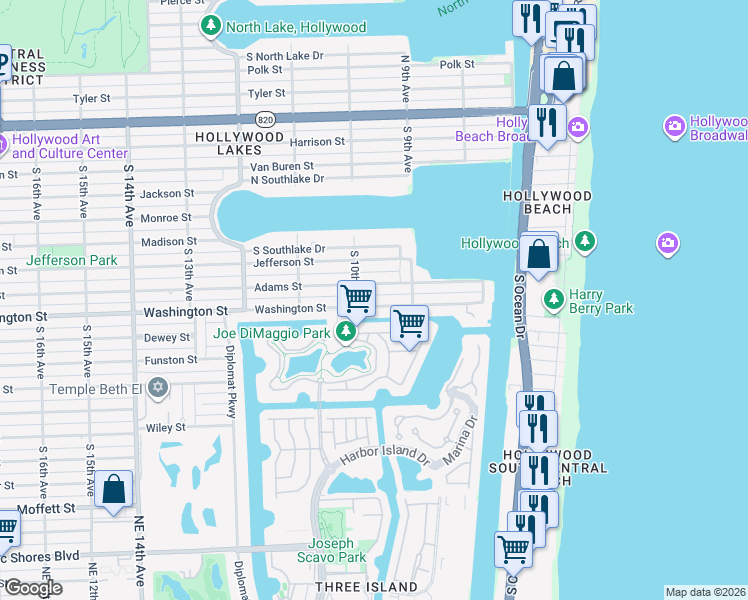map of restaurants, bars, coffee shops, grocery stores, and more near 932 Adams Street in Hollywood