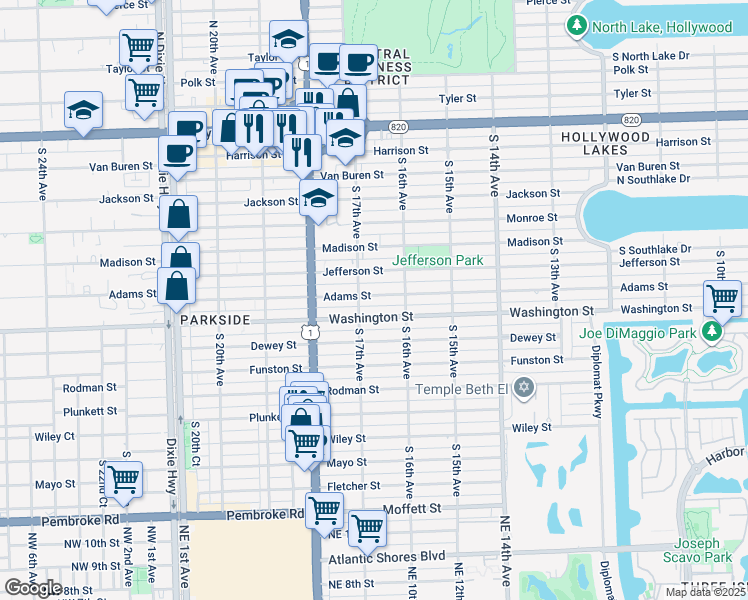 map of restaurants, bars, coffee shops, grocery stores, and more near 1651 Adams Street in Hollywood