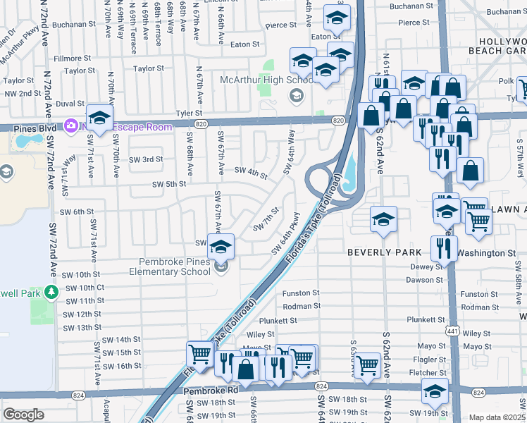 map of restaurants, bars, coffee shops, grocery stores, and more near 521 Southwest 64th Way in Pembroke Pines