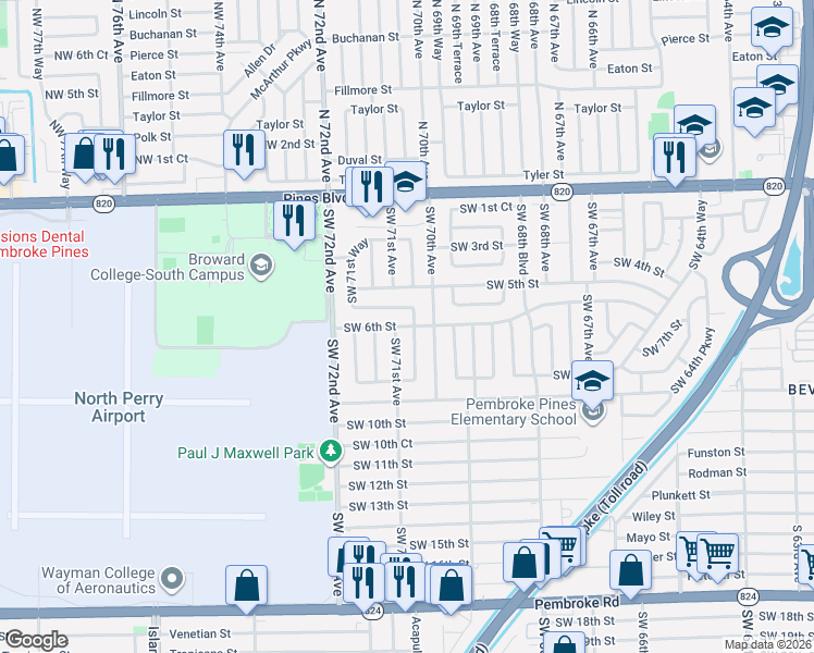 map of restaurants, bars, coffee shops, grocery stores, and more near 7040 Southwest 5th Court in Pembroke Pines