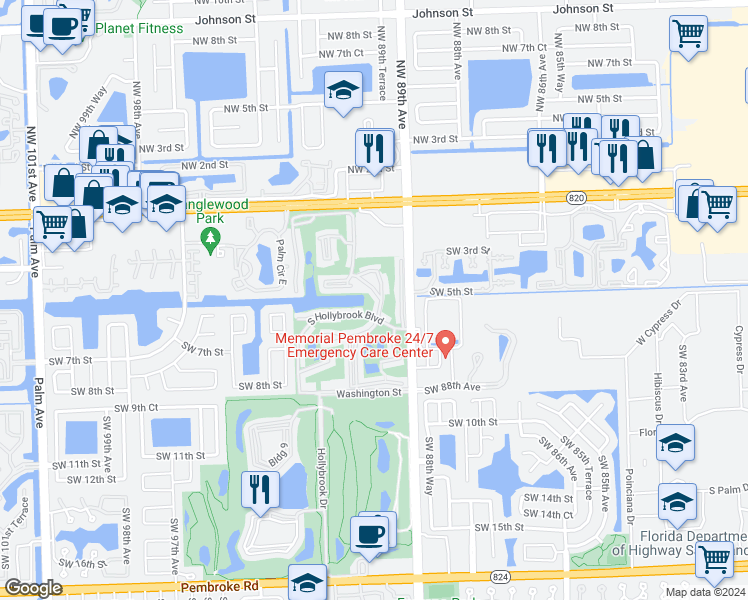 map of restaurants, bars, coffee shops, grocery stores, and more near 400 South Hollybrook Drive in Pembroke Pines