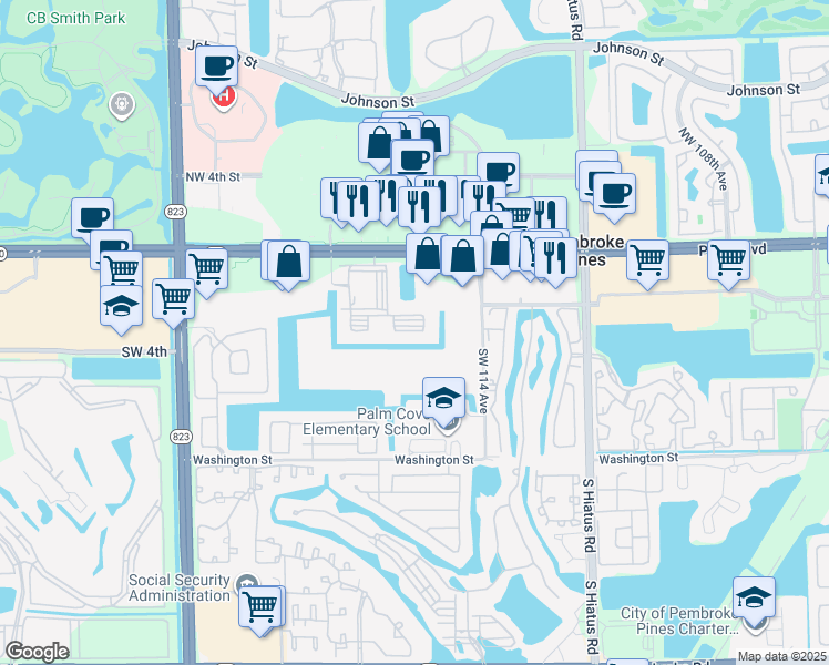 map of restaurants, bars, coffee shops, grocery stores, and more near 201 Southwest 116th Avenue in Pembroke Pines