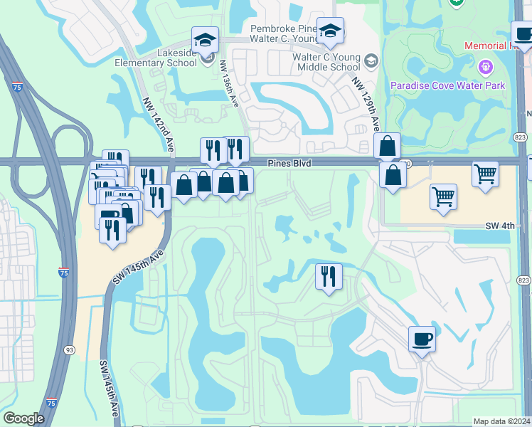map of restaurants, bars, coffee shops, grocery stores, and more near in Pembroke Pines