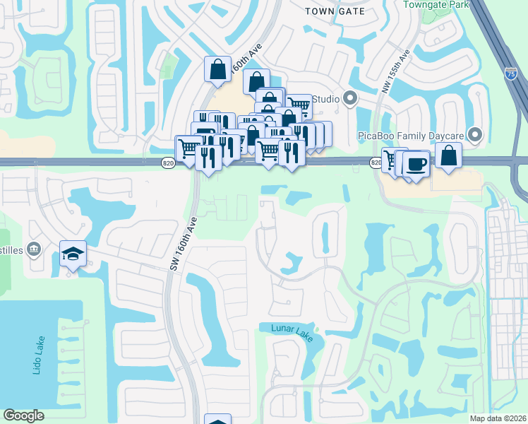 map of restaurants, bars, coffee shops, grocery stores, and more near 15875 Southwest 3rd Street in Pembroke Pines