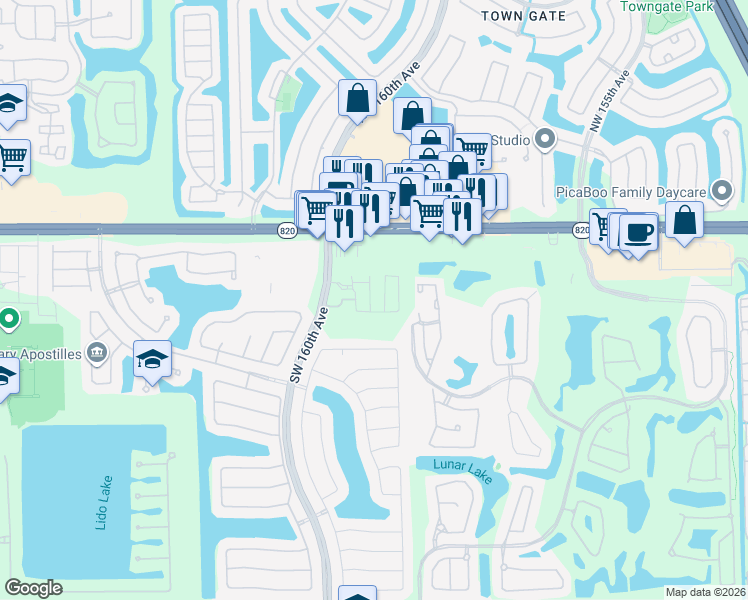 map of restaurants, bars, coffee shops, grocery stores, and more near 16000 Pines Boulevard in Pembroke Pines