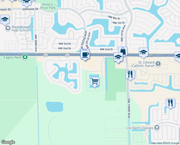 map of restaurants, bars, coffee shops, grocery stores, and more near 19964 Southwest 3rd Place in Pembroke Pines