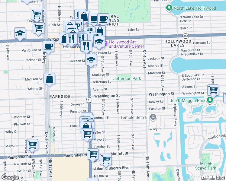 map of restaurants, bars, coffee shops, grocery stores, and more near 718 South 16th Avenue in Hollywood