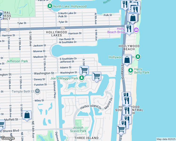 map of restaurants, bars, coffee shops, grocery stores, and more near 932 Adams Street in Hollywood