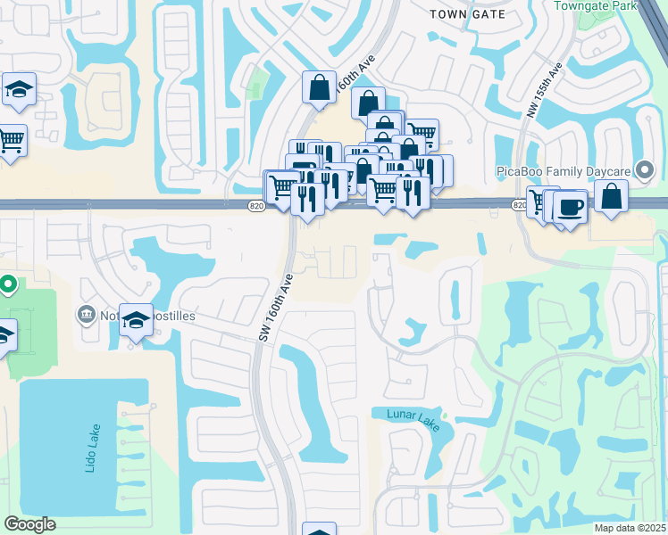 map of restaurants, bars, coffee shops, grocery stores, and more near 16000 Pines Boulevard in Pembroke Pines