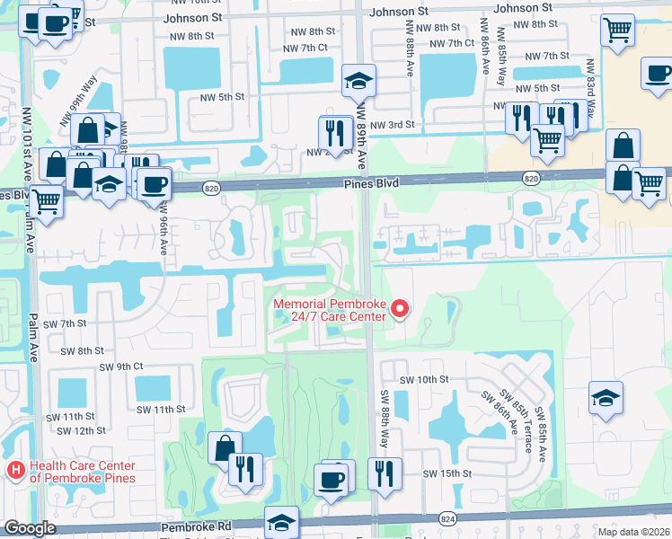 map of restaurants, bars, coffee shops, grocery stores, and more near 400 South Hollybrook Drive in Pembroke Pines