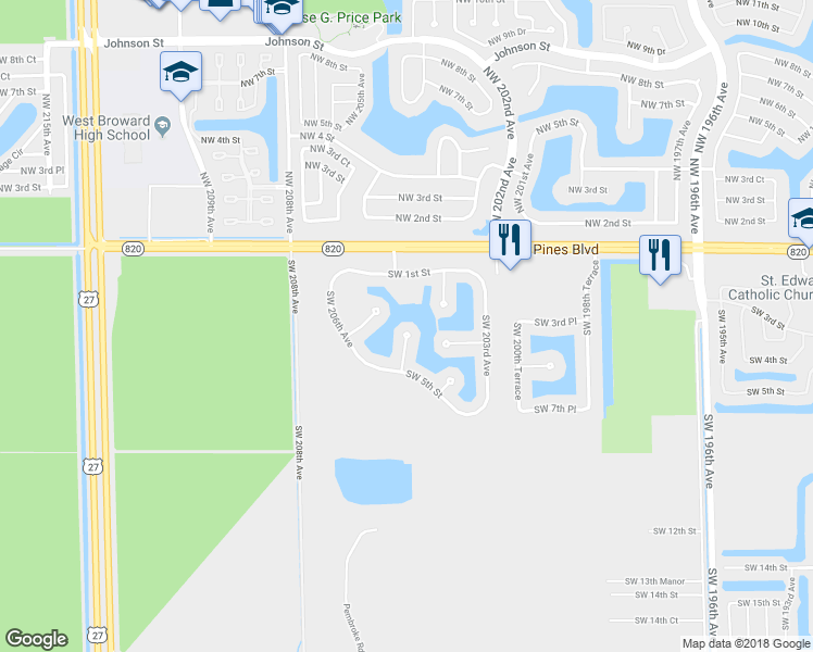 map of restaurants, bars, coffee shops, grocery stores, and more near 374 Southwest 205th Avenue in Pembroke Pines