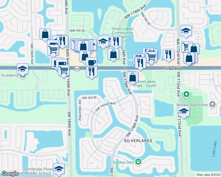 map of restaurants, bars, coffee shops, grocery stores, and more near 17903 Southwest 2nd Street in Pembroke Pines