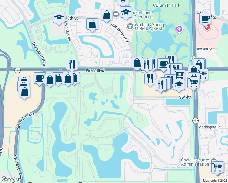map of restaurants, bars, coffee shops, grocery stores, and more near 251 Southwest 132nd Way in Pembroke Pines