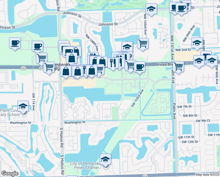map of restaurants, bars, coffee shops, grocery stores, and more near 10700 Southwest City Center boulevard in Pembroke Pines