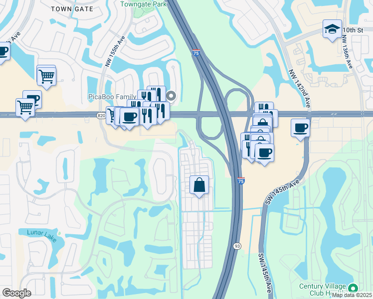 map of restaurants, bars, coffee shops, grocery stores, and more near 14701 Southwest 10th Street in Pembroke Pines