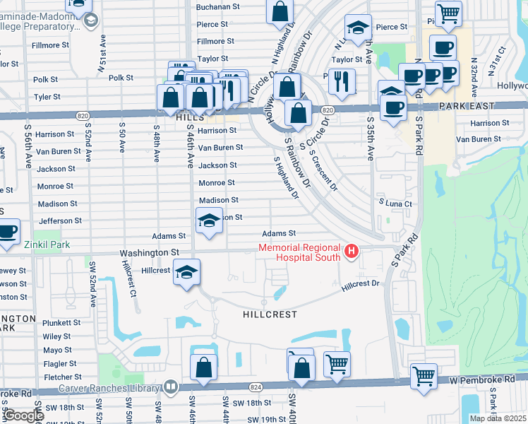 map of restaurants, bars, coffee shops, grocery stores, and more near 4200 Madison Street in Hollywood