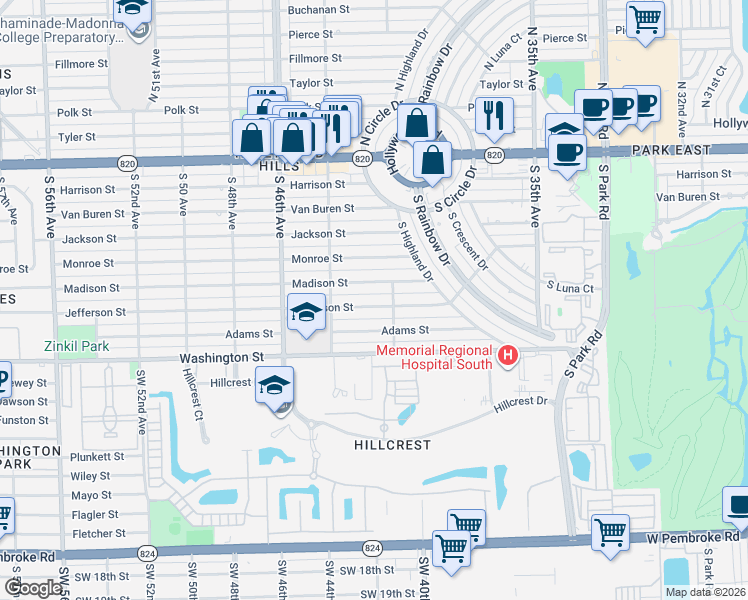 map of restaurants, bars, coffee shops, grocery stores, and more near 4200 Madison Street in Hollywood