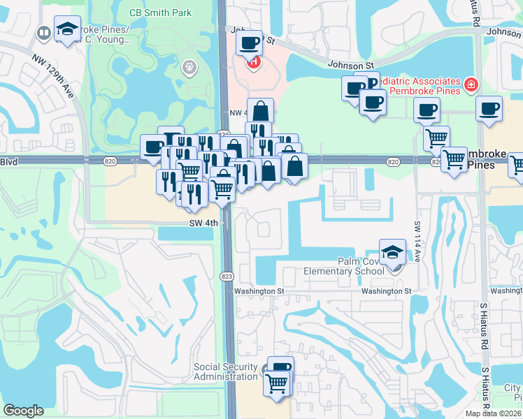 map of restaurants, bars, coffee shops, grocery stores, and more near 11940 Pines Boulevard in Pembroke Pines
