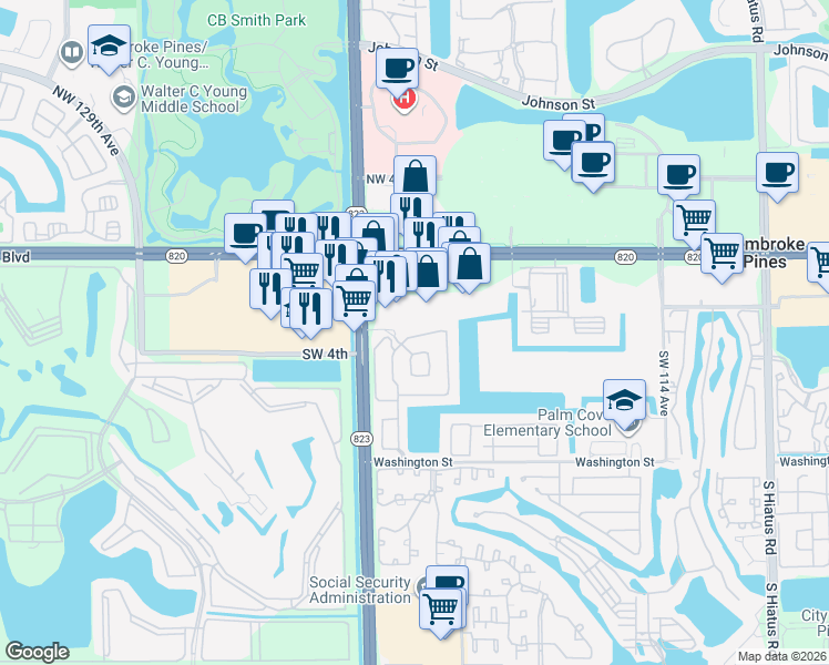 map of restaurants, bars, coffee shops, grocery stores, and more near 11940 Pines Boulevard in Pembroke Pines
