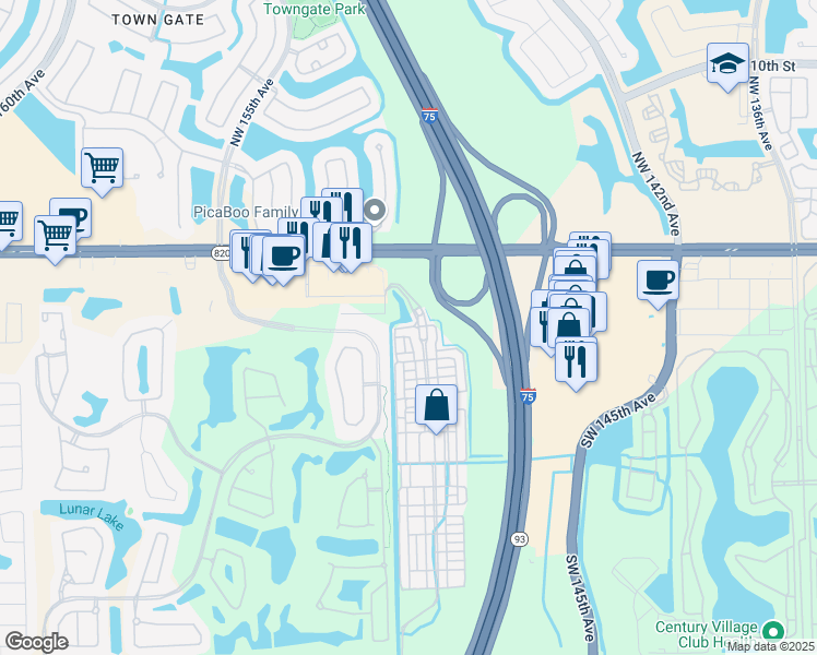 map of restaurants, bars, coffee shops, grocery stores, and more near 14701 Southwest 10th Street in Pembroke Pines