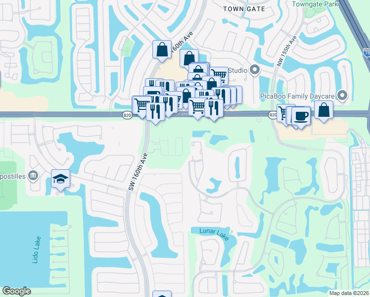 map of restaurants, bars, coffee shops, grocery stores, and more near 15875 Southwest 3rd Street in Pembroke Pines