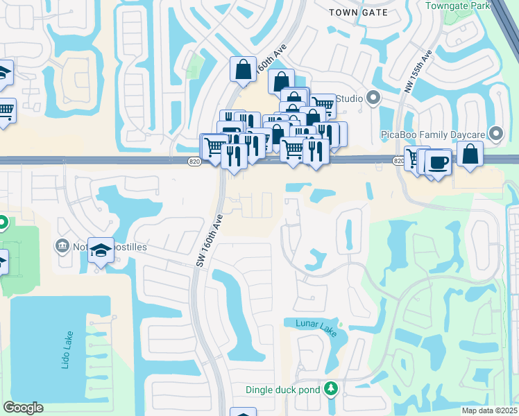 map of restaurants, bars, coffee shops, grocery stores, and more near 16000 Pines Boulevard in Pembroke Pines