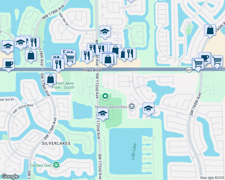 map of restaurants, bars, coffee shops, grocery stores, and more near 201 Southwest 172nd Avenue in Pembroke Pines