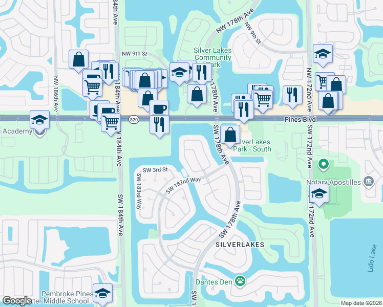 map of restaurants, bars, coffee shops, grocery stores, and more near 17903 Southwest 2nd Street in Pembroke Pines