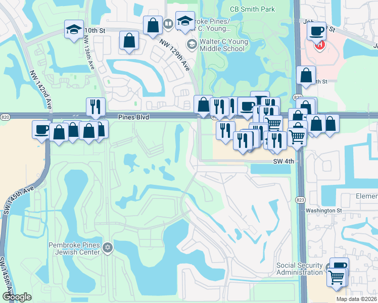 map of restaurants, bars, coffee shops, grocery stores, and more near 300 Southwest 130th Terrace in Pembroke Pines