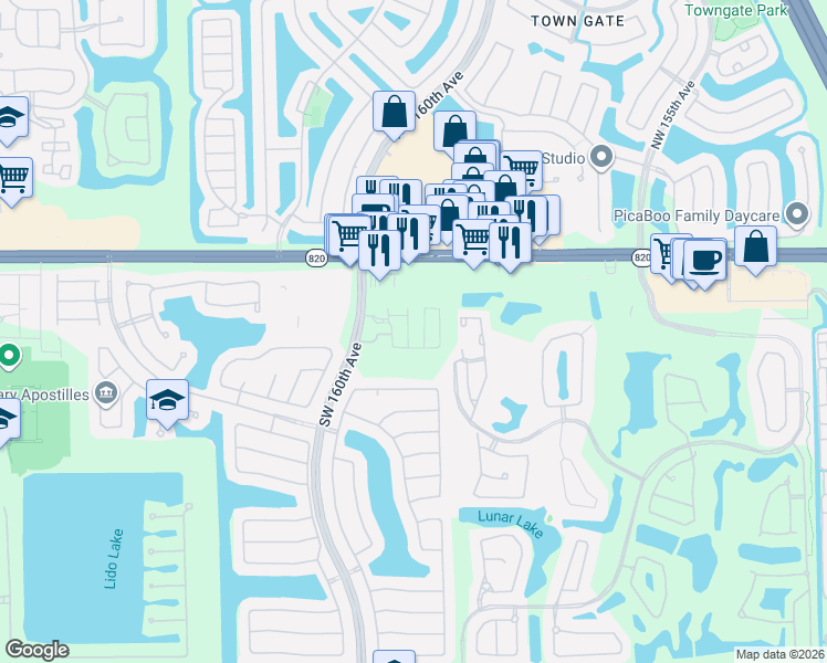 map of restaurants, bars, coffee shops, grocery stores, and more near 16000 Pines Boulevard in Pembroke Pines